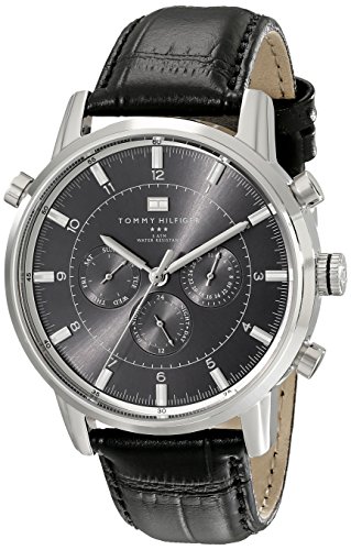 Tommy Hilfiger 1790875 Hombre deportivo de lujo del reloj del acero inoxidable con correa de cuero Negro