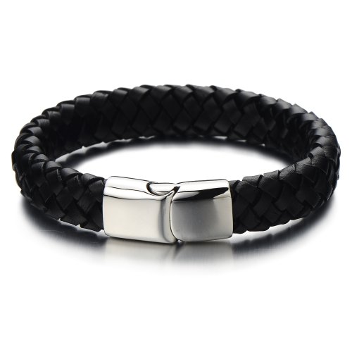 Pulsera de cuero trenzado amplia Hombres Negro Muñequera de cuero genuino con el corchete de la caja magnética