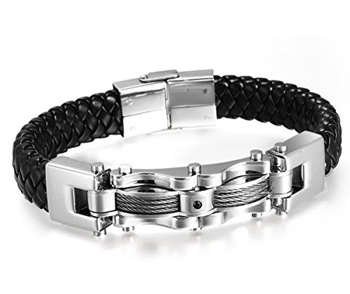 Punk acero inoxidable hombres del cuero genuino HITOP cable CZ brazalete pulsera brazalete (plata (Rhinestone Negro))