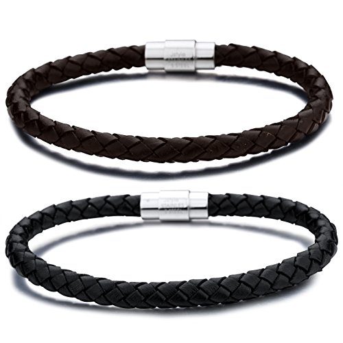Jstyle acero inoxidable de 6 mm para hombre del brazalete trenzado de cuerda pulsera de cuero magnético del corchete-2 pares una pulgada Set 8